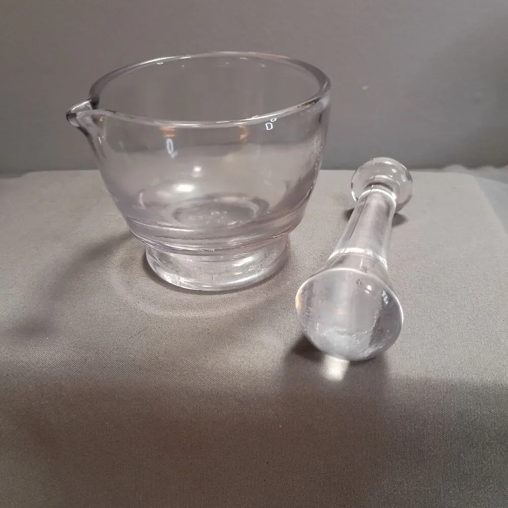 Vintage Glass 2 oz Mortar & Pestle With Pour Spout, Apothecary Spices Cooking